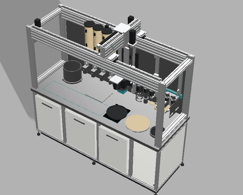 The same Fusion 360 CAD model of ChefBot C1 seen from higher up, showing the gantry bridge and carriage, the vertical axis and head, the canisters, the induction plate, the roti platen and the tool rack.